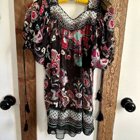 YVOS Boutique Sheer Vibrant Mixed Media Boho Blouse Medium - Picture 15 of 16